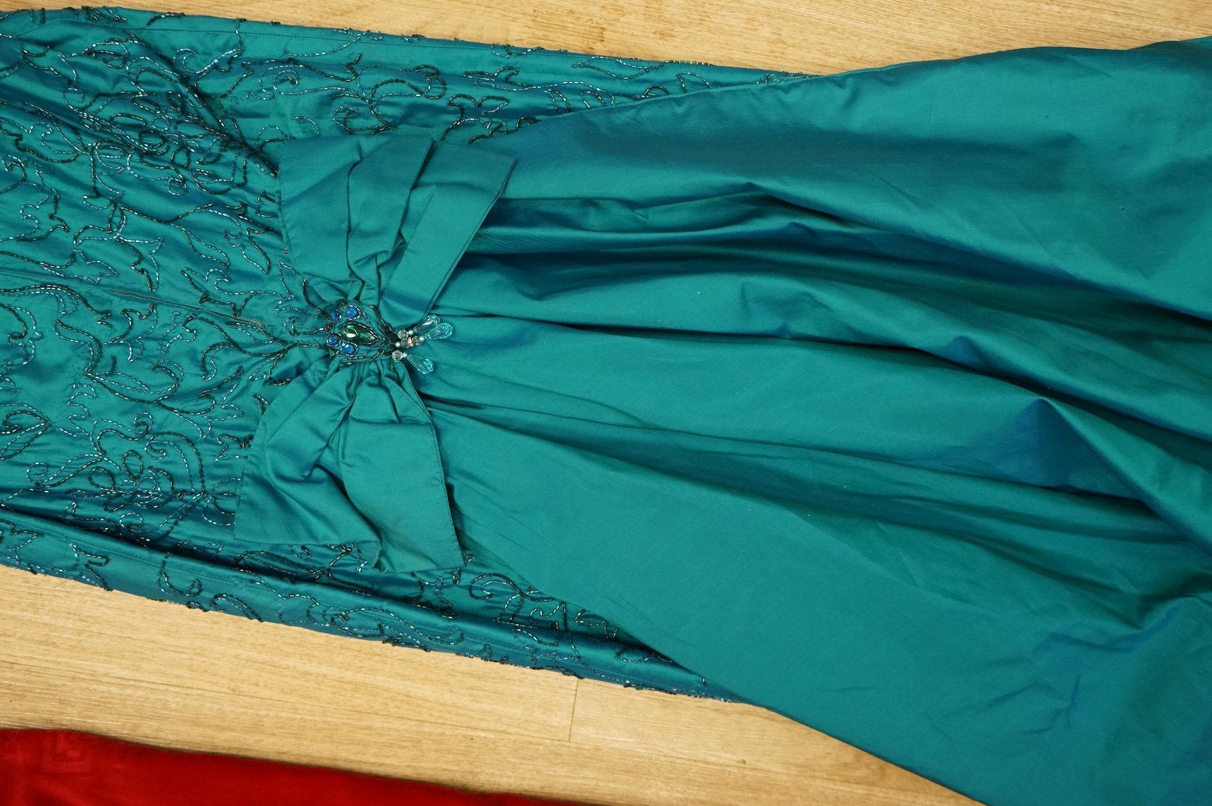 A 1960's/70's evening dress and jacket, with a red velvet dress